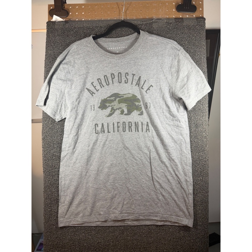 Aeropostale Graphic Tee Mens Medium Gray California Camo Bear 1987 Shirt